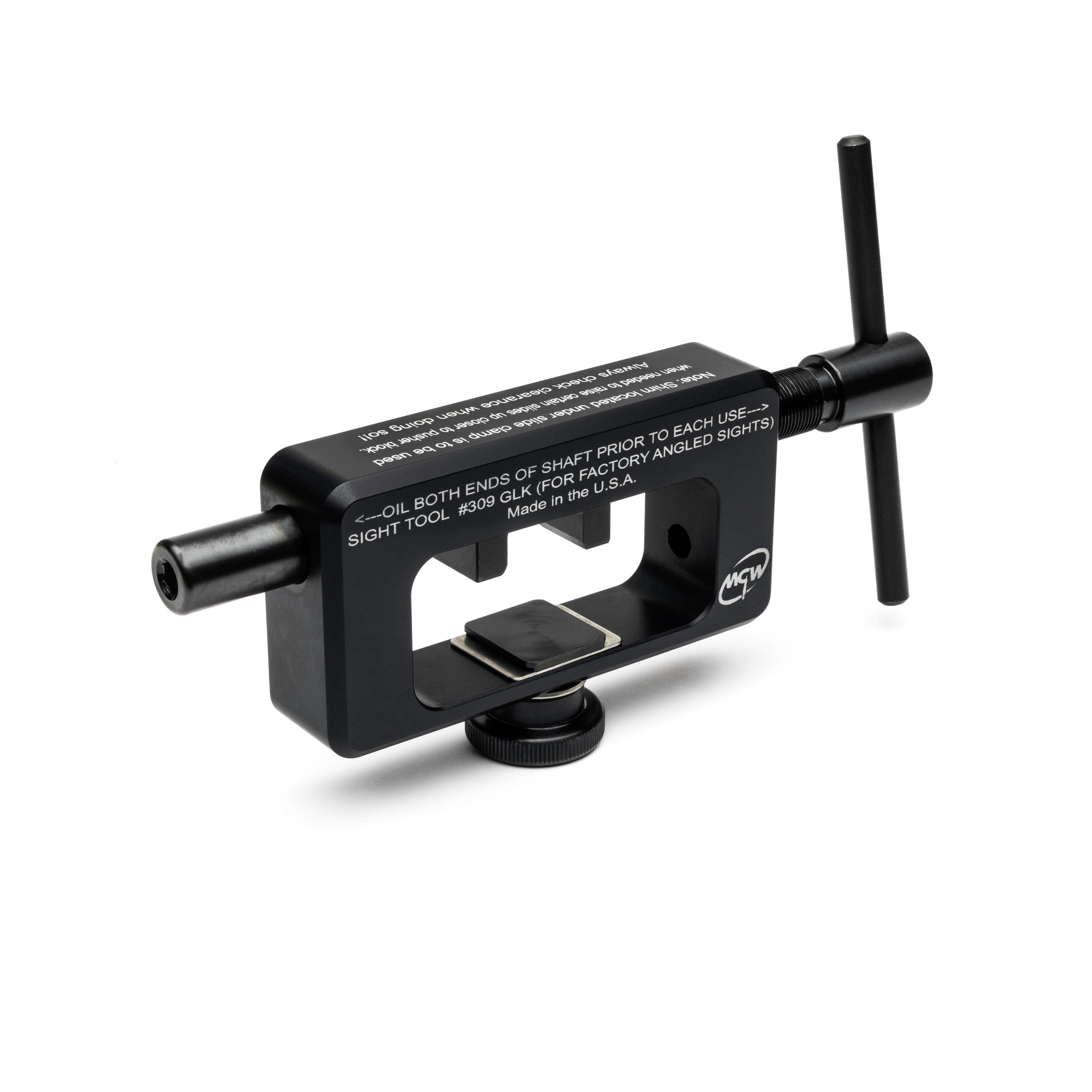 Removes and installs/adjusts factory style ANGLED rear sights on all Glock models